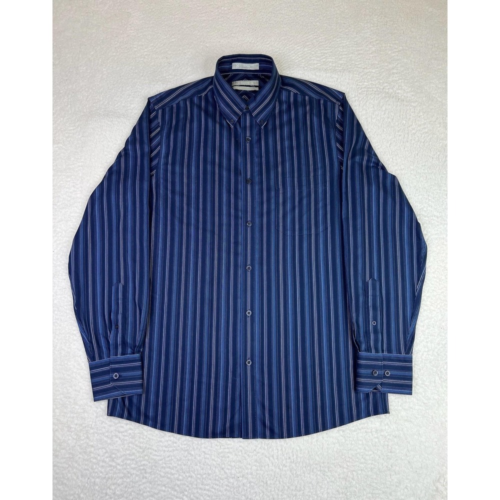 Nordstrom Dress Shirt‎ Mens Medium Blue Stripe Wrinkle Free Regular Fit LS